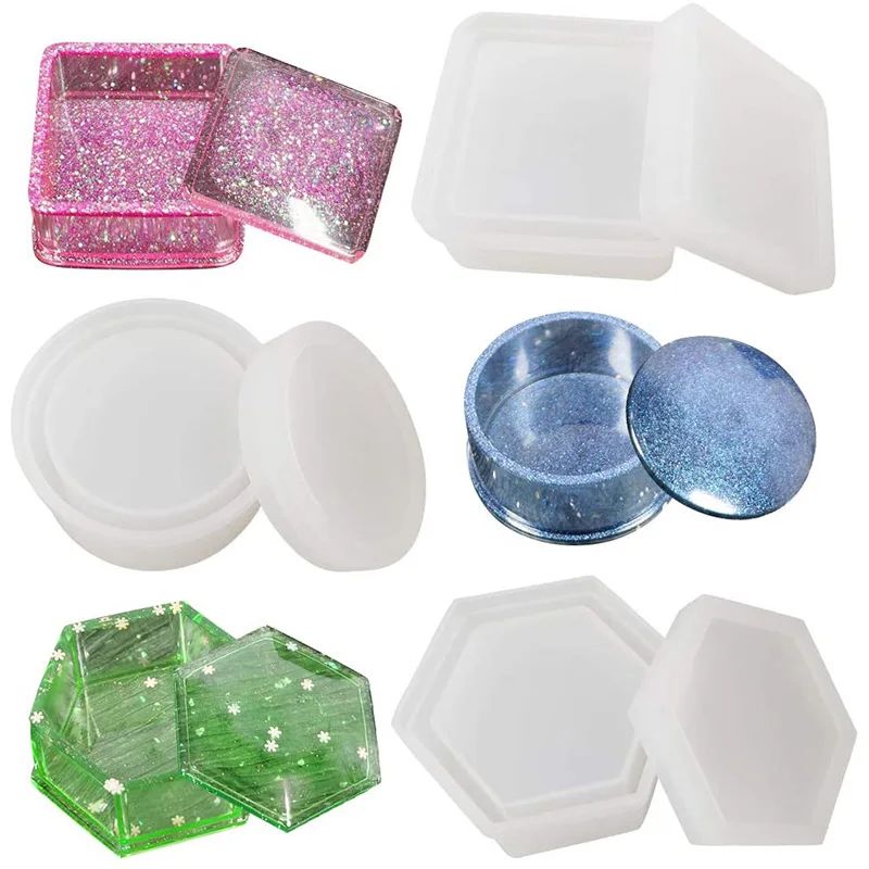 

3 PCS Box Molds With Lid, Resin Jewelry Container Box With Hexagon Square Cylinder Storage Box Mold