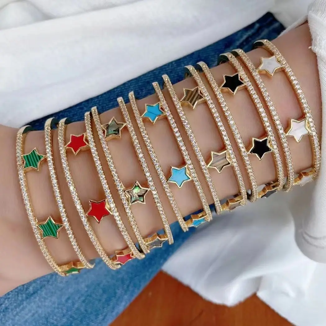 

3Pcs Fashion Gold Plated Colorful star heart cz Hollow bangles Minimalist Open Adjustable shell stone cuff bangle for gifts