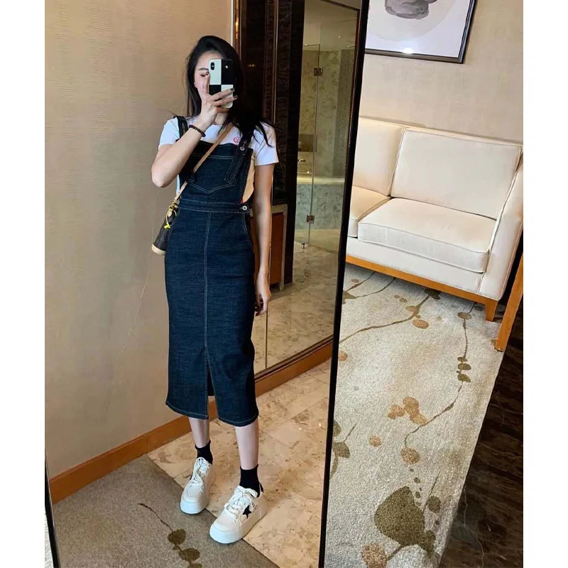 

2023 early spring new tea break French fried street design sense denim strap women's summer skirt children