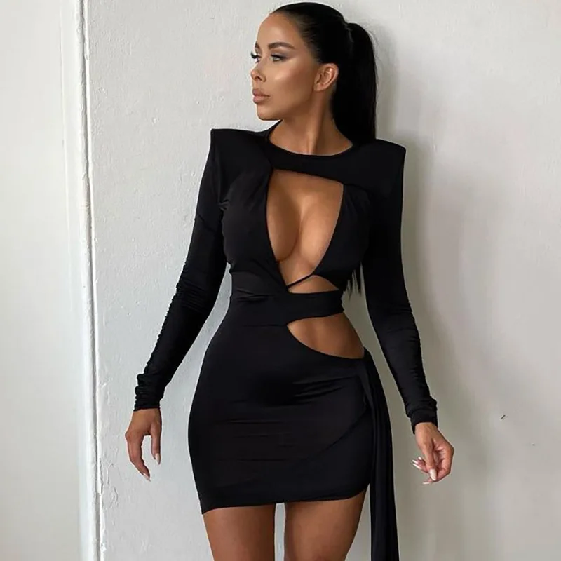 

Black Sexy Hollow Out Bodycon Dresses Women 2021 Autumn Bandage Long Sleeve Elegant Party Evening Wrap Mini Dress Club Outfits