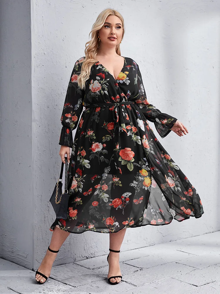 

TOLEEN Clearance Women Plus Size Midi Dresses 2022 Summer Chic Elegant Long Sleeve Floral Turkish Evening Party Wedding Clothing
