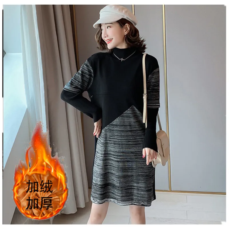 

Breastfeeding Maternity Sweater Dress Turtleneck Pullover Knitted Sweater Thicken Plus Velvet Nursing Top For Pregnancy Women