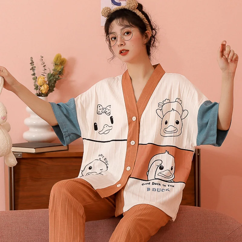 2022 New Spring And Summer Pajamas Women's Cotton Short Sleeved Cardigan Kimono Cartoon Lovely Girl's Home Clothes