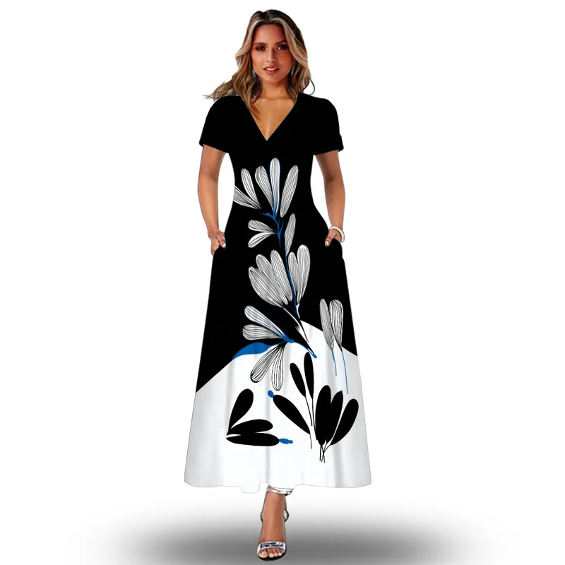 

2022 Short Sleeve Dress Woman Spring Summer Beach Casual V Neck 3D Leaf Printed Maxi Dresses Elegant Loose Black Women's Dress
