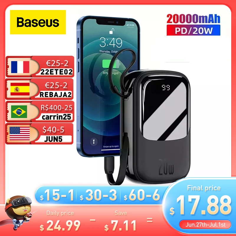 

Baseus 20W Mini Power Bank 20000 mAh Built in Cables PowerBank External Battery Charger For iPhone 12 11 Xiaomi Samsung Huawei