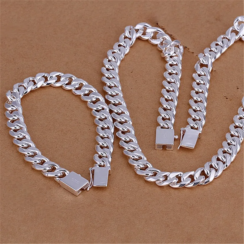 

Fine 925 sterling Silver Bracelets necklace classic 10MM Solid Chain 20/22/24 inch Jewelry set for men Fashion Party wedding