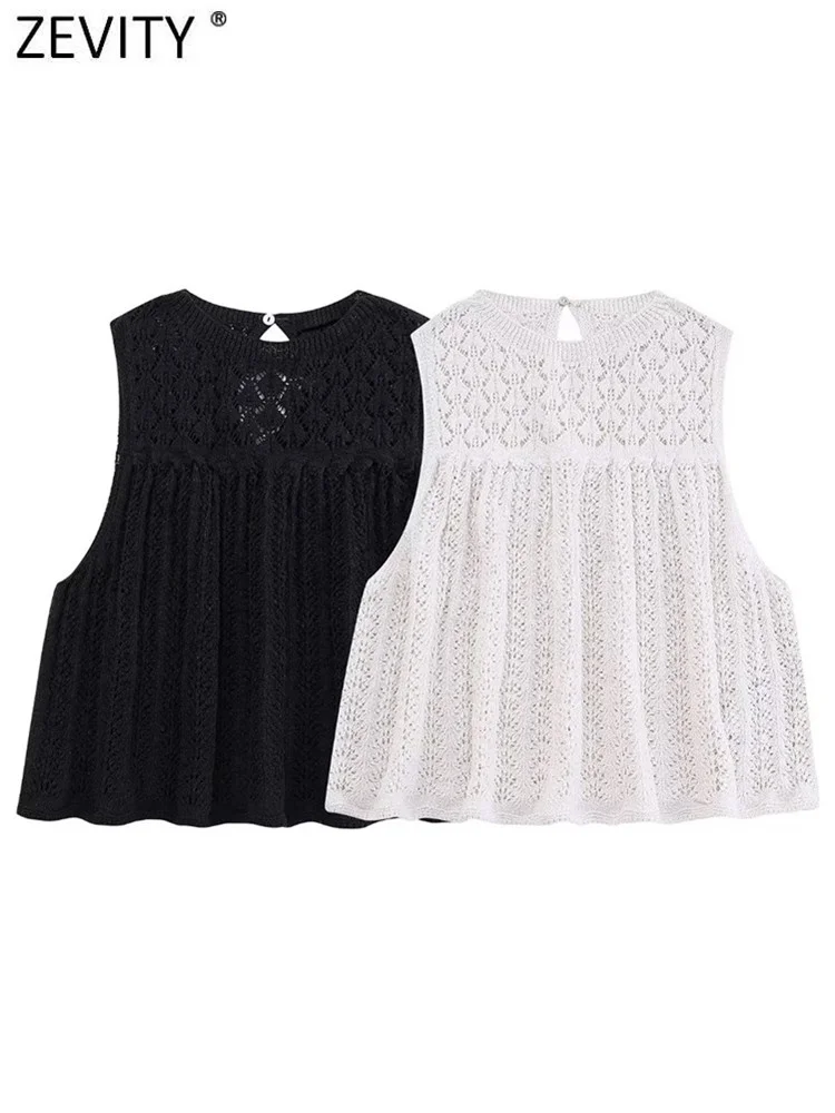 Zevity женская мода O-образный вырез без рукавов вязаная крючком жаккардовая блузка