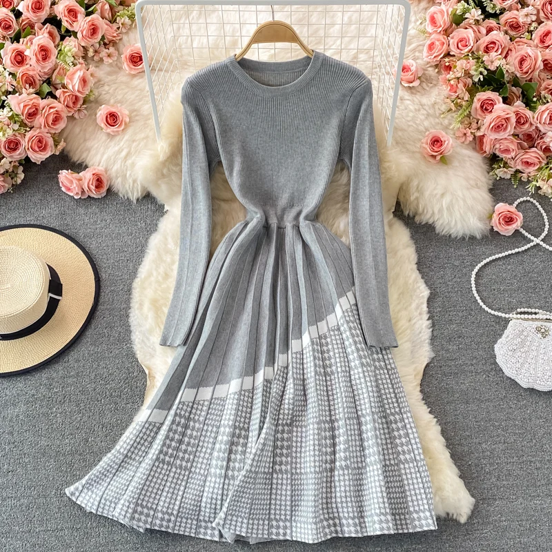

Retro Knitted Dress Women Long Sleeve O Neck A-line Autumn Winter Korean Streetwear Sweater Dresses