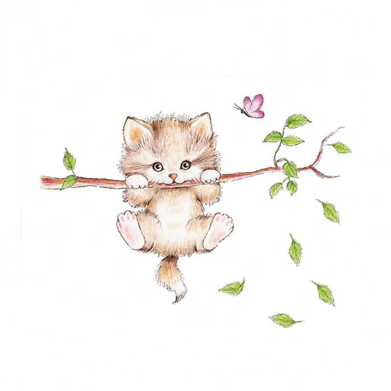 Kitten on Tree Branch Wall Stickers Home Living Room Decorations DIY Cartoon Cat Decor Mural Kids PVC Furniture Sticker | Дом и сад