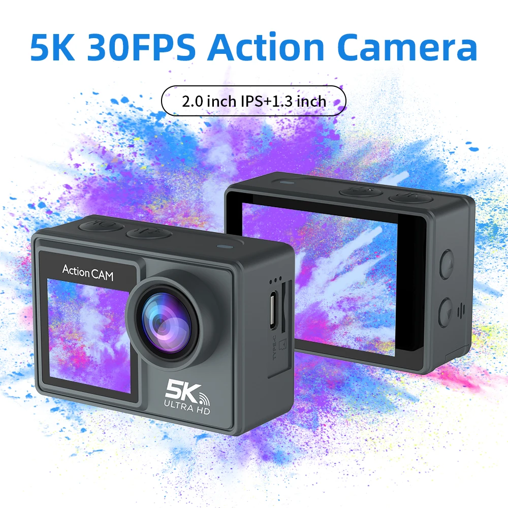 

Action Camera Anti-shake Waterproof Sport 5K 30FPS Camera Dual Screen 170° Wide Angle 30m with Remote Control Bicycle Diving Cam
