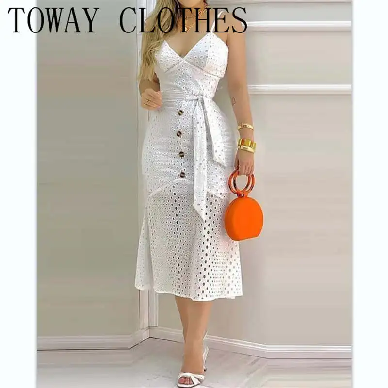 

Dress For Women 2022 Hollow-out Button Design Spaghetti Strap Lace Dress With Belt Lining Casual Vestidos Elegantes Para Mujer
