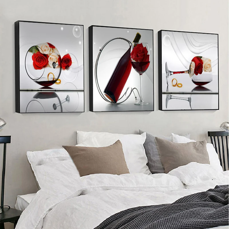 3-częściowa romantyczna kuchnia Czerwone wino Róża Nordic Plakaty ścienne Obrazy na płótnie Home Decor HD Dekoracje do jadalni