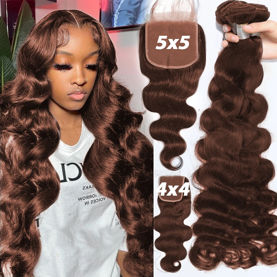 

Chocolate Brown Pre Plucked 4x4 5x5 6x6 Lace Closure and Bundles 30 Inch Body Wave Human Hair Bundles with Closure Remy Hair