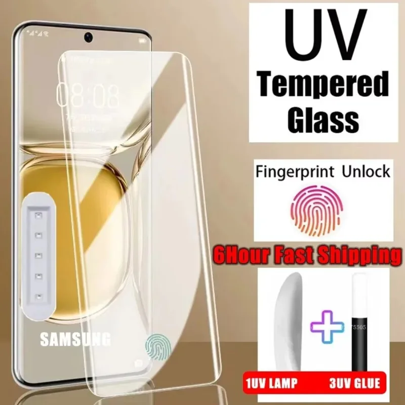 3 шт. стекло с УФ-жидким клеем для Samsung Note 8 9 10 Pro 20 Galaxy S24 S23 S22 S21 S20 Ultra S10 S8 S9 Plus верхнее