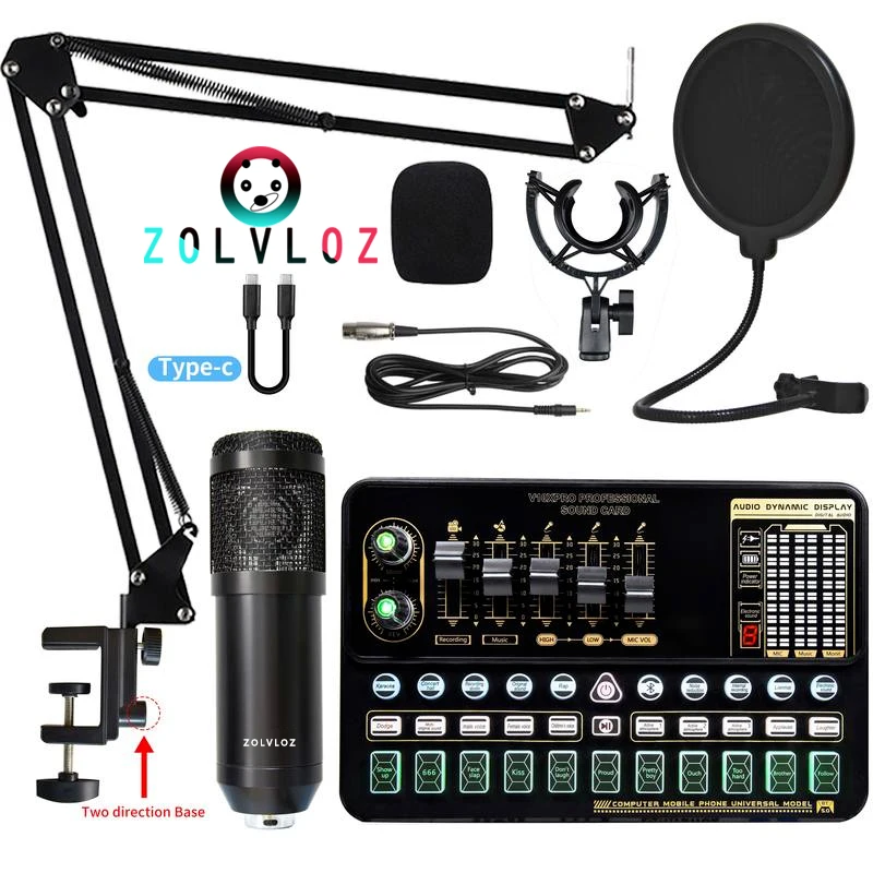 

Конденсаторный микрофон ZOLVLOZ с подвеской, ножничным рычагом, кардиоидный микрофон с звуковой картой V10 для записи YouTube, пения