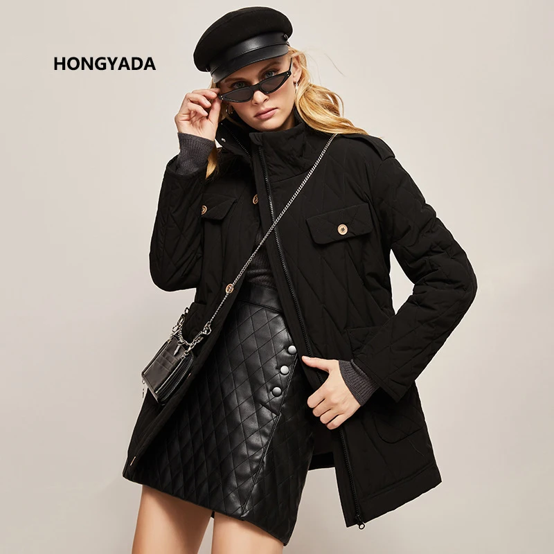 2022 Autumn and Winter New Retro Fashion Rhombus Mid-Length Casual down Cotton Jacket Coat Women