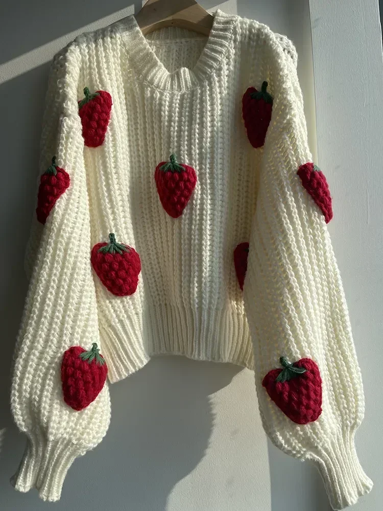 

Women's Strawberry Crew Neck Crochet Knit Pullovers 2023 Autumn/Winter New in Sweater Tops Sweet Ins Style Jumpers