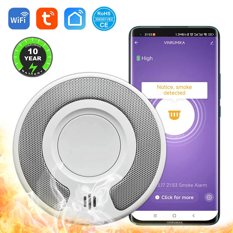 

Умный детектор дыма Wi-Fi Tuya со встроенной 10-летней литиевой батареей для гостиной, кухни, магазина, датчик пожарной сигнализации