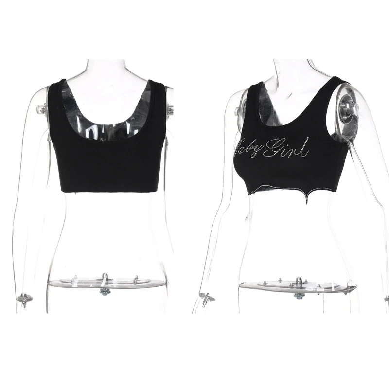 

Женский летний кроп-топ MXMB без рукавов в стиле Харадзюку Стразы Облегающая майка с буквами для маленьких девочек жилет с волнистым АСИММЕТР...