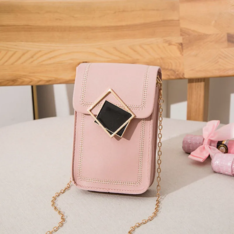 

New Women Retro Mobile Phone Bag Women PU Chain Messenger Bags Hasp Flap Bag Mini Solid Color Shoulder Bag Female Slim Handbag