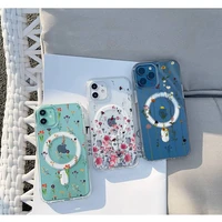 small flower background phone case for iphone 13 12 11 mini pro max transparent super magnetic magsafe cover