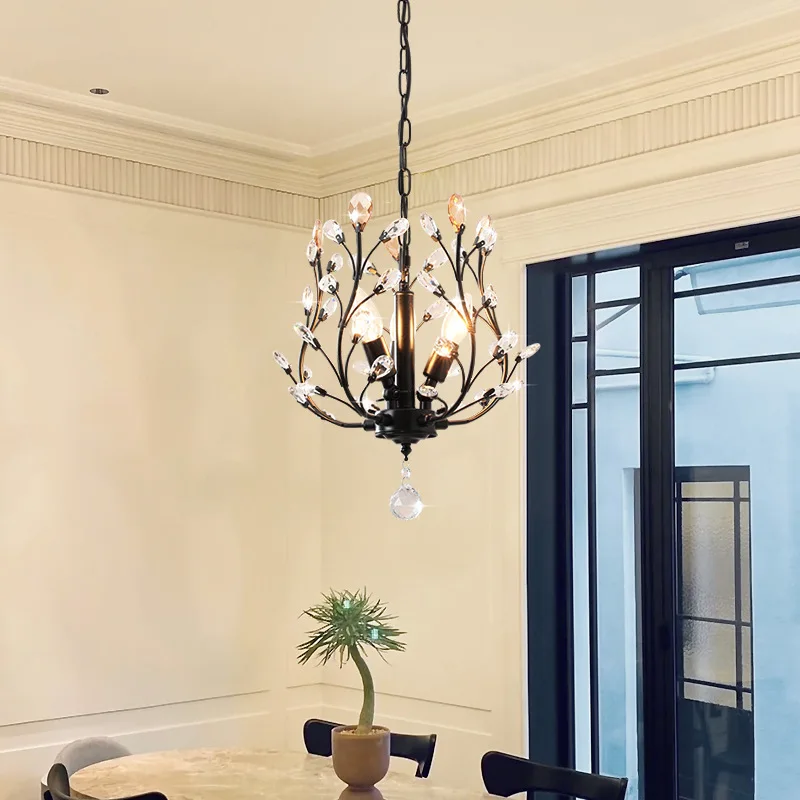 

New American Iron Crystal Pendant Lamp Creative Branch Bedroom Restaurant Entrance Corridor Retro Ceiling Pendant Light