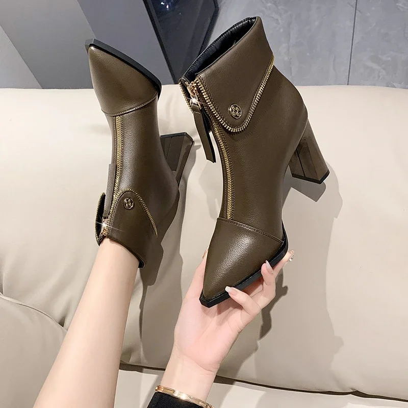 

Женские ботильоны на молнии спереди, с острым носком, на Высоком толстом каблуке 8 см, Нескользящие, уличные, 2023