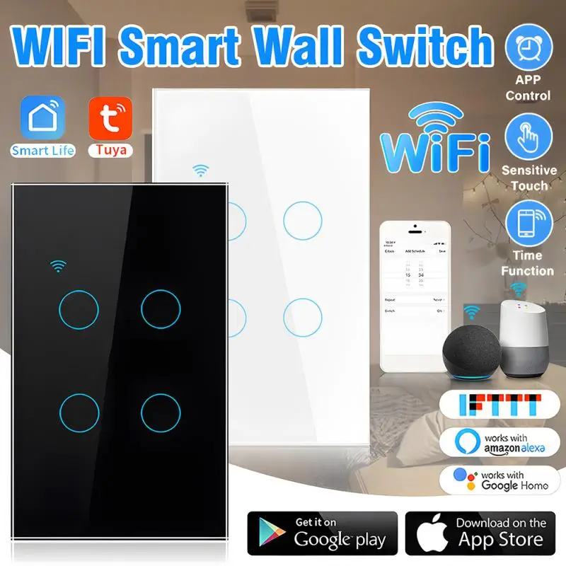 

Tenky 1/2/3/4gang TUYA WiFi Smart Touch Switch Home Light Wall Button 120*72mm Neutral Wire For Alexa And Google Home Assistant