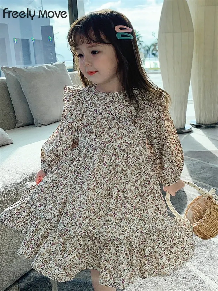 

Freely Move Girl's Dress 2022 Autumn Sweet Floral Ruffle O Neck Dress Children's Korean Princess Dress Kids Dresses For Girls
