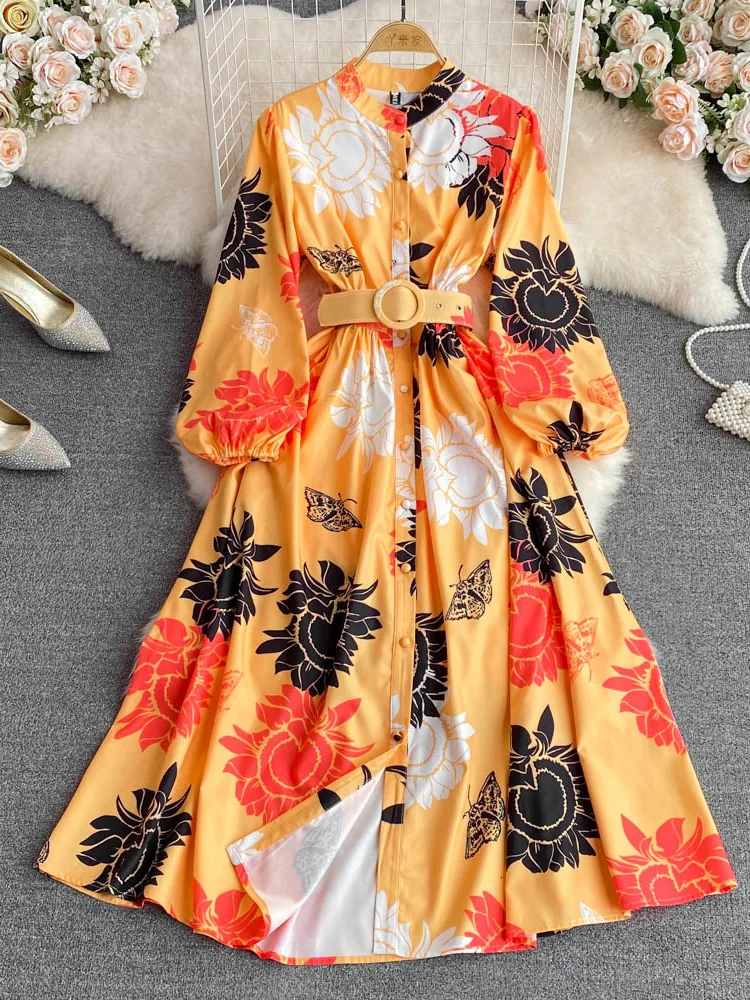 

Autumn European Style Retro Round Neck Printed Lantern Sleeve Waist A-line Dress Elegant Large Swing Vestidos Women D1456