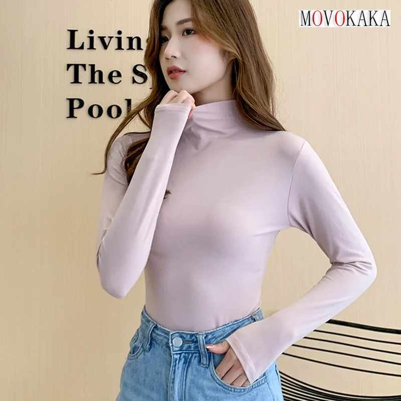 

MOVOKAKA Modal Turtleneck Bottoming T Shirt Women Basic Spring Autumn Winter Solid Color Slim Long-sleeved T-shirt 2022 New Tops