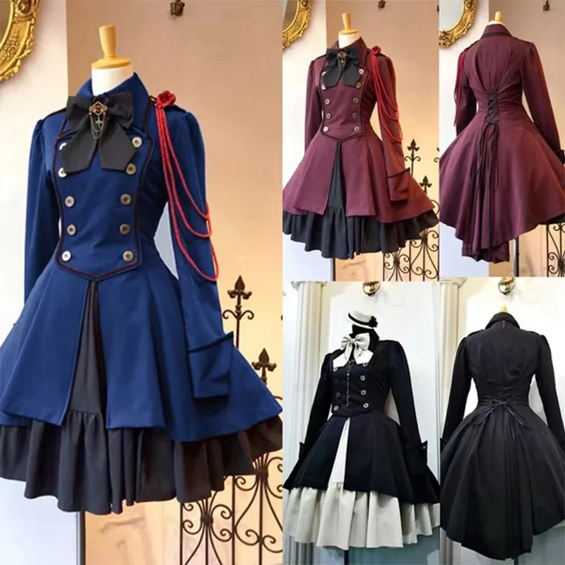 

2022 Vintage Gothic Lolita Dress Ruffle Bow Tie Button Tie Knee Length Dress Long Sleeve Sweet Dress Halloween Medieval Costume