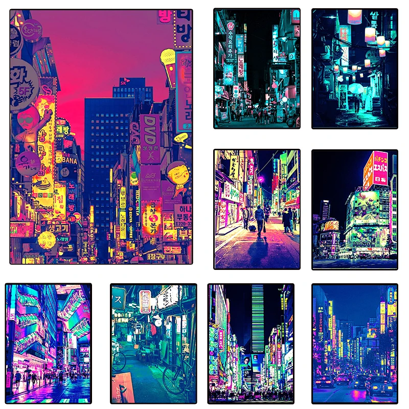 Корейский неоновый Городской Ночной уличный плакат эстетика Сеул Токио Kpop