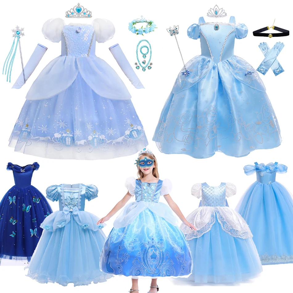 Disney Cinderella Cosplay Costume Kids Clothes For Girls Dress Baby Girl Ball Gown Princess Dresses For Birthday Party Crown