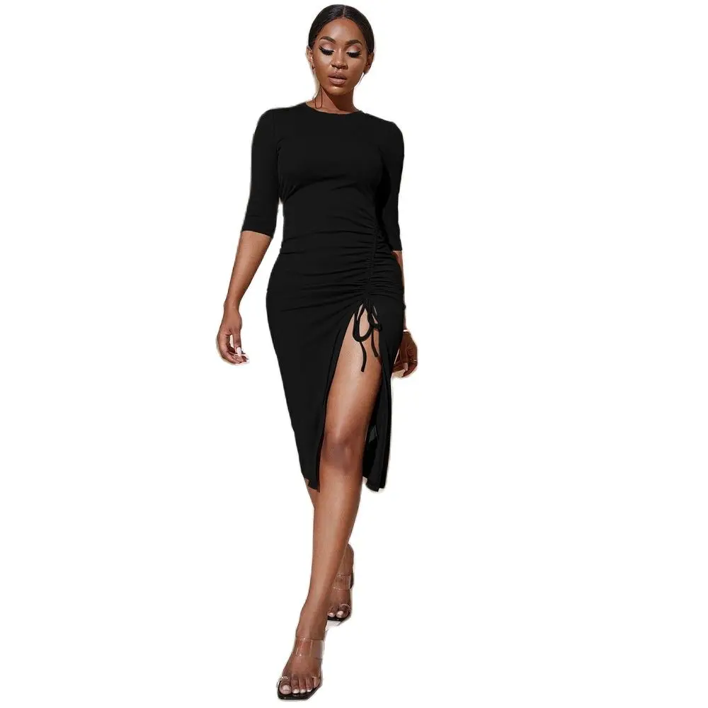 

2021 New Ladies Fashion Hot Sale Autumn And Winter Irregular Drawstring Slit Dress Knitted Five-Point Sleeve Hip Dress