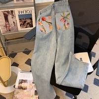 high waist jeans women floral print pants metal jeans buttons y2k trousers loose mom jeans high waist trousers for girls