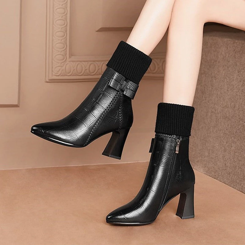 

2022 Autumn Winter New Women's Boots Fashion Bow Velvet Warm Ankle Boots Beige PU Comfortable High Heels туфли женские