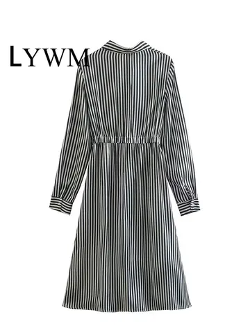 LYWM Women Fashion Striped Pleated Midi Dress Vintage Lapel Neck Single Breasted Long Sleeves Female Chic Lady Dresses