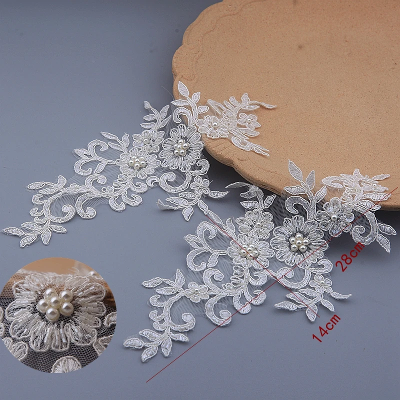 Ivory Alencon Lace Applique Beaded Sequined Patch For Wedding Supplies Bridal Hair Flower Headpiece | Patches