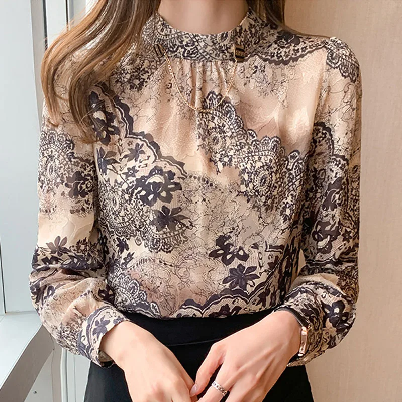 Модная женская блузка с воротником-стойкой и принтом шифоновая длинным рукавом