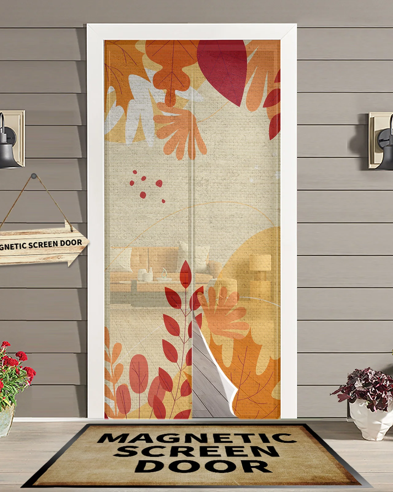 

Autumn Leaves Line Cloth Pattern Sheer Door Curtain Mosquito-proof Bedroom Magnetic Hanging Curtains Window Screen Door Curtain