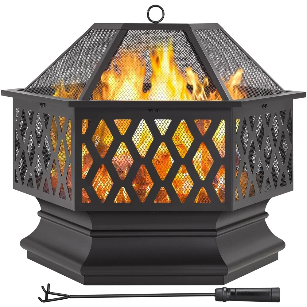 SMILE MART 28" Hex-Shaped Steel Fire Pit Wood Burning with Spark Screen & Fire Poker, Black patio furniture
