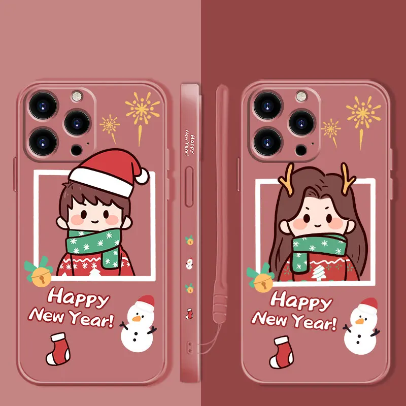 

Liquid Candy Case For Apple iPhone 14 13 12 11 Pro Max 13 12 Mini XS XR X 7 8 6 6S Plus Merry Christmas Happy Couple Snowman