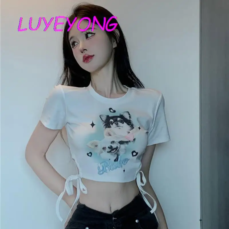 

Кроп-топ женский с круглым вырезом, модная пикантная уличная футболка в Корейском стиле, на шнуровке, с принтом кавайных собак, короткая лет...