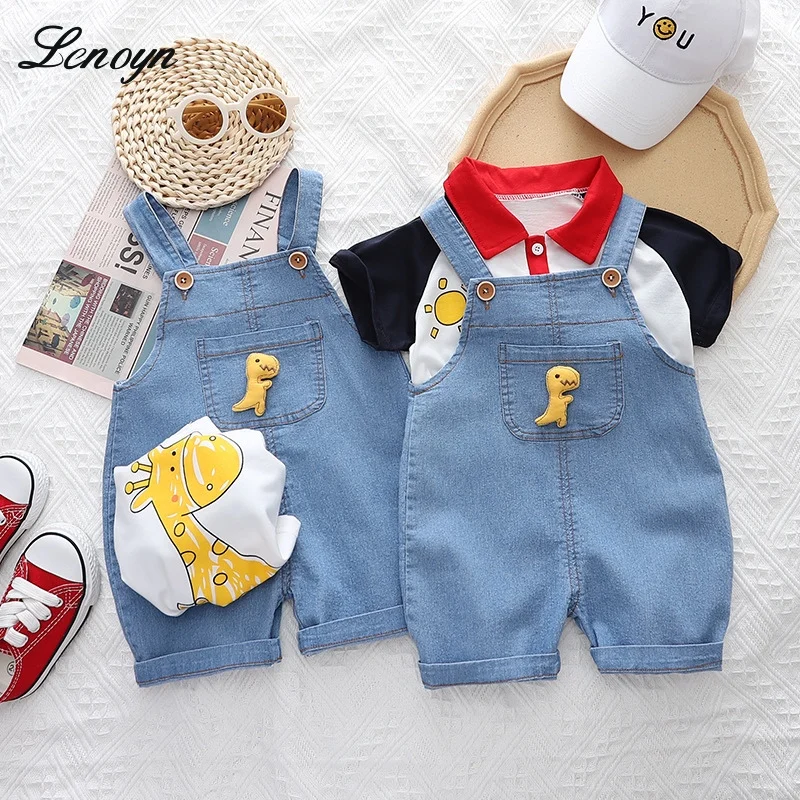 

Lenoyn Summer New Children's Short Sleeve Set Boys' Cartoon Dinosaur Cute Clothing Two Piece Set for Children's Strap Shorts