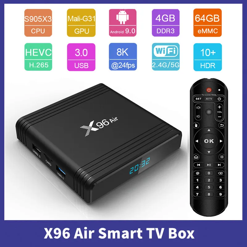 

Приставка Смарт-ТВ X96 Air, Android 9,0, Amlogic S905X3, 4 + 64 ГБ, 2,4/ГГц