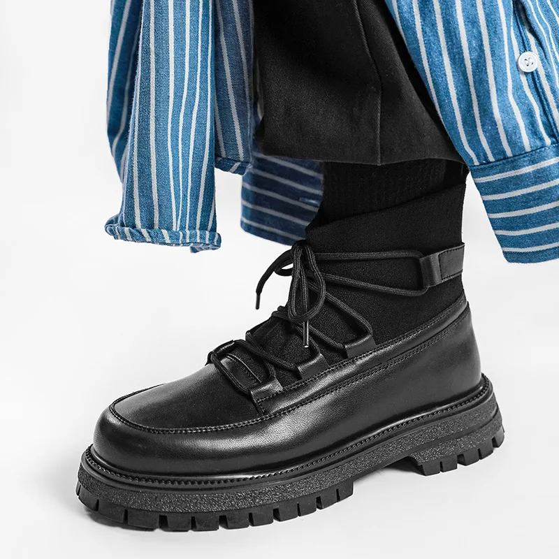 Ботинки мужские из натуральной кожи, повседневные мотоциклетные ботинки-носкииз эластичной ткани, на шнуровке, на платформе, готическая обувь