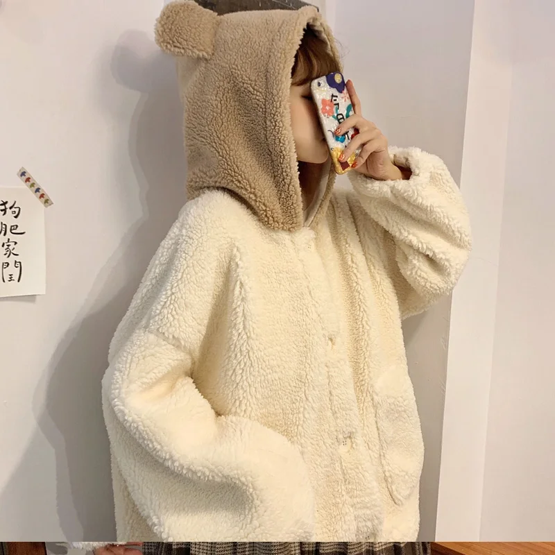 Winter Jacket Kawaii Little Bear Ears Hooded Lambswool Coats Cute Girl Full Sleeve Single-Breasted Lolita Outweare For Women Y2k