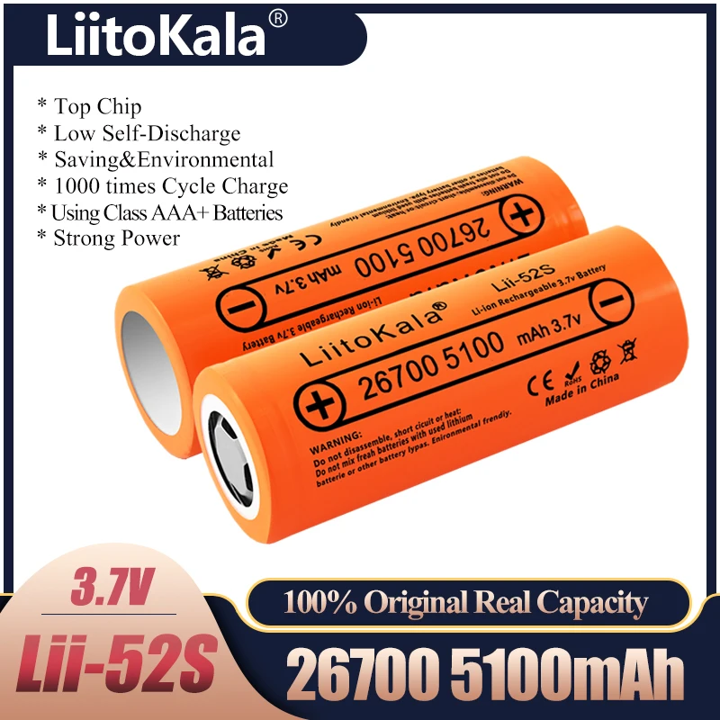 

2023 LiitoKala Lii-52S 3.7V 26700 5100mAh Li-ion Rechargeable Battery For LED Flashlight Torch Li-ion Battery Battery pack