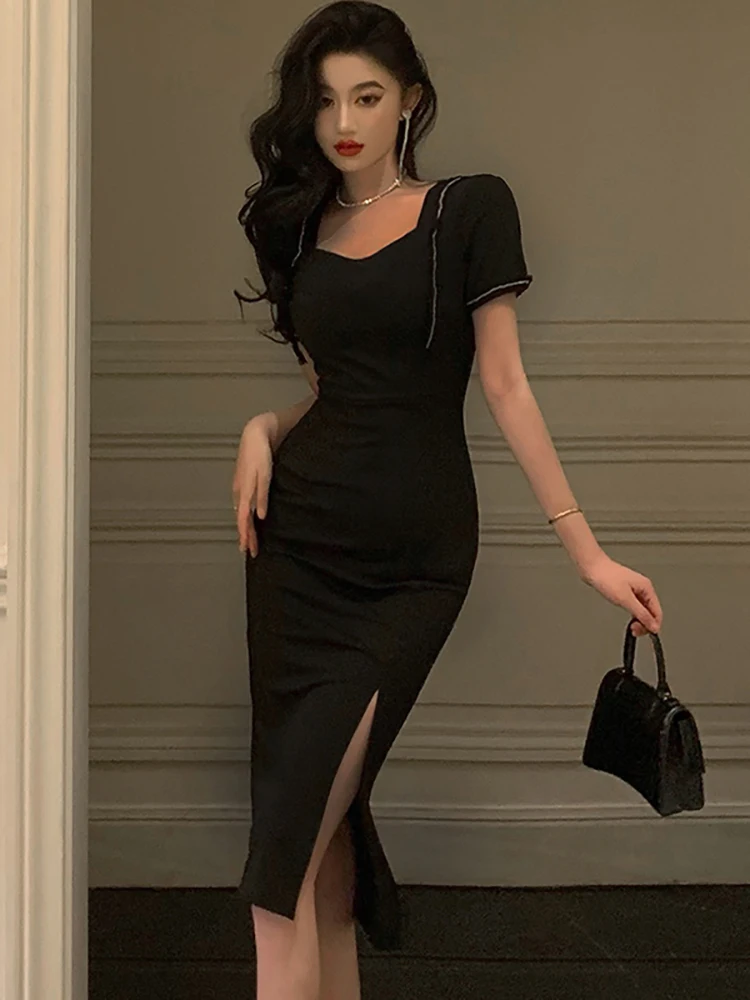 

Женское винтажное платье в стиле Хепберн, Черное Длинное Элегантное облегающее платье с квадратным вырезом и коротким рукавом, модель 2023 в Корейском стиле на лето